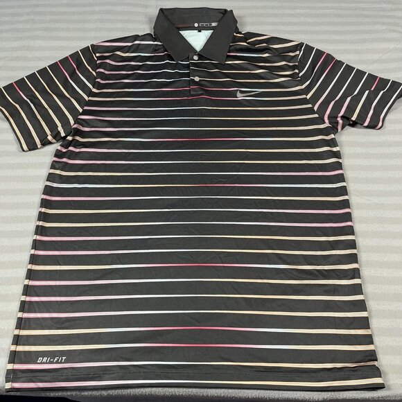 Nike Tiger Woods Collection Polo Shirt Mens Medium Black Striped Dri-FIT Golf - Picture 1 of 9